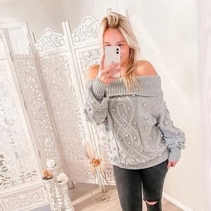 Pin pom oversized off the shoulder sweater